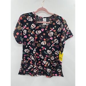 NWT Wink Sugar Skull Fiesta Top Womens Large Multi Print 2-Pocket Stretch V-Neck